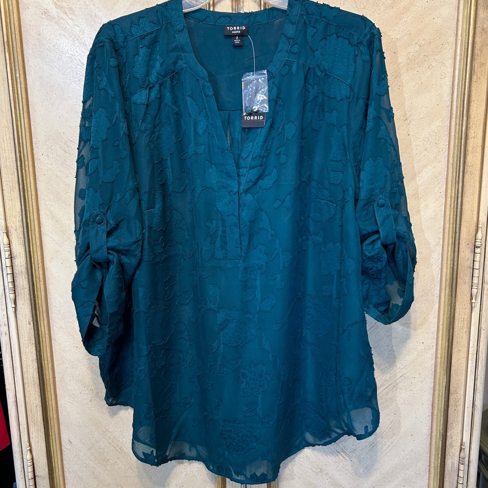 Torrid Botanical Garden Green Floral Chiffon 3/4 Tab Sleeve Blouse NEW NWT
